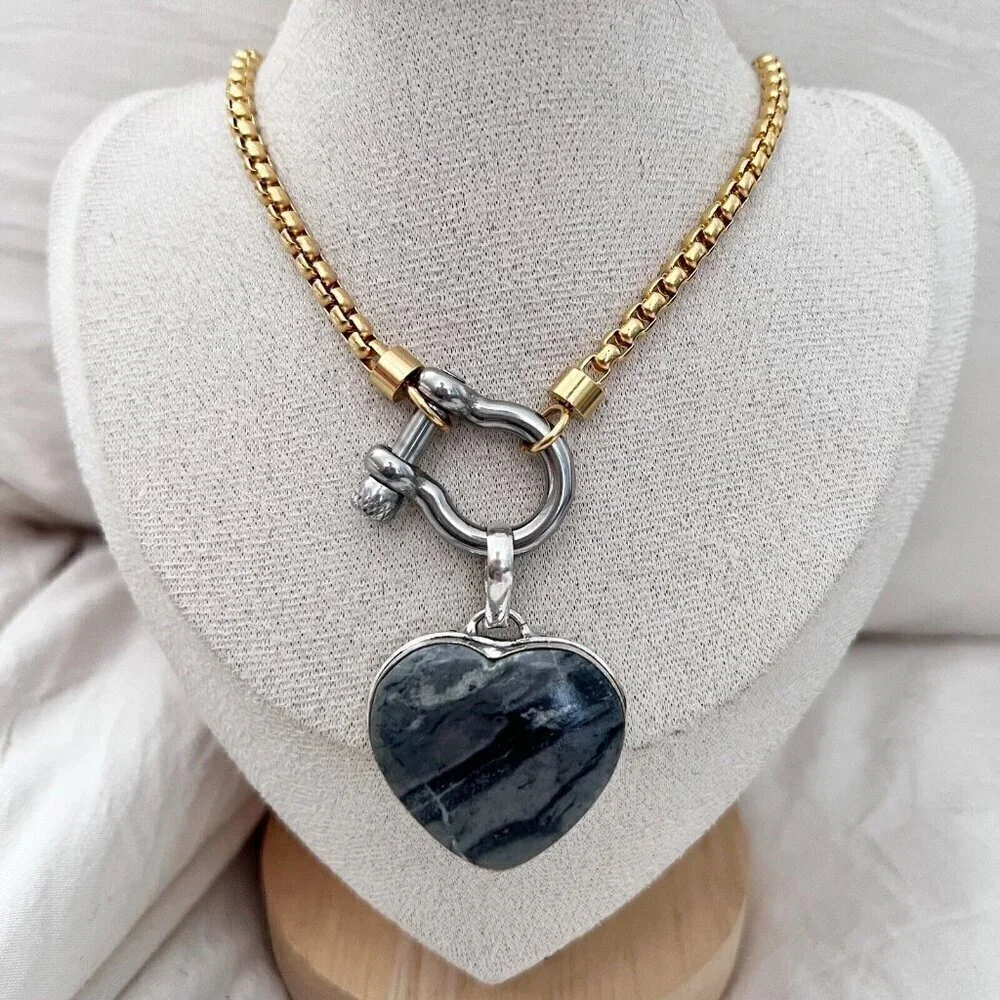 18K Gold Plated Carabiner Screw Lock Necklace Stainless Steel Womens Jewelry